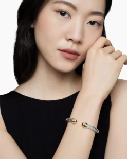 Classic Cable Bracelet Sterling Silver with 14K Yellow Gold Domes, 7mm