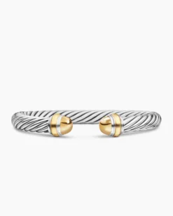 Classic Cable Bracelet Sterling Silver with 14K Yellow Gold Domes, 7mm