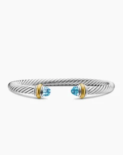 Classic Cable Bracelet Sterling Silver with 14K Yellow Gold and Blue Topaz, 5mm