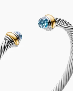 Classic Cable Bracelet Sterling Silver with 14K Yellow Gold and Blue Topaz, 5mm