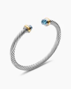 Classic Cable Bracelet Sterling Silver with 14K Yellow Gold and Blue Topaz, 5mm