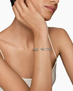 Classic Cable Bracelet Sterling Silver with 14K Yellow Gold and Blue Topaz, 5mm