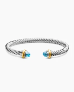 Classic Cable Bracelet Sterling Silver with 14K Yellow Gold and Blue Topaz, 5mm