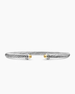 Classic Cable Bracelet Sterling Silver with 18K Yellow Gold Domes and Diamonds, 4mm