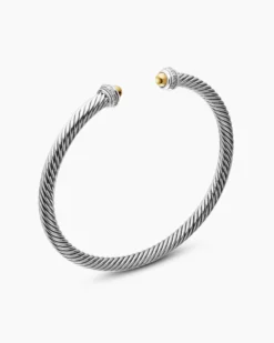 Classic Cable Bracelet Sterling Silver with 18K Yellow Gold Domes and Diamonds, 4mm