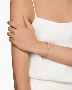Classic Cable Bracelet Sterling Silver with 18K Yellow Gold Domes and Diamonds, 4mm