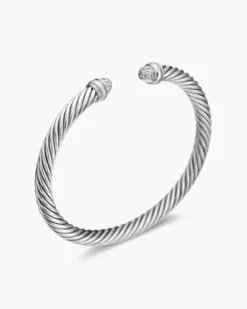 Classic Cable Bracelet Sterling Silver with Pavé Diamond Domes, 5mm