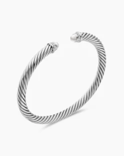 Classic Cable Bracelet Sterling Silver with Pearls and Diamonds, 5mm