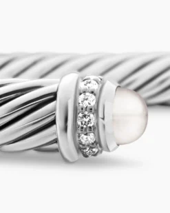 Classic Cable Bracelet Sterling Silver with Pearls and Diamonds, 5mm