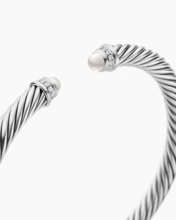Classic Cable Bracelet Sterling Silver with Pearls and Diamonds, 5mm