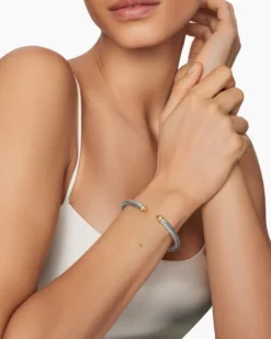Classic Cable Bracelet Sterling Silver with 18K Yellow Gold, Gold Domes and Diamonds, 5mm