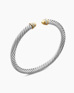 Classic Cable Bracelet Sterling Silver with 18K Yellow Gold, Gold Domes and Diamonds, 5mm