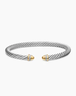 Classic Cable Bracelet Sterling Silver with 18K Yellow Gold, Gold Domes and Diamonds, 5mm
