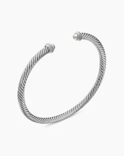 Classic Cable Bracelet Sterling Silver with Pearls and Diamonds, 4mm