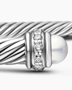 Classic Cable Bracelet Sterling Silver with Pearls and Diamonds, 4mm