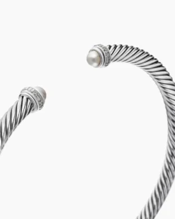 Classic Cable Bracelet Sterling Silver with Pearls and Diamonds, 4mm