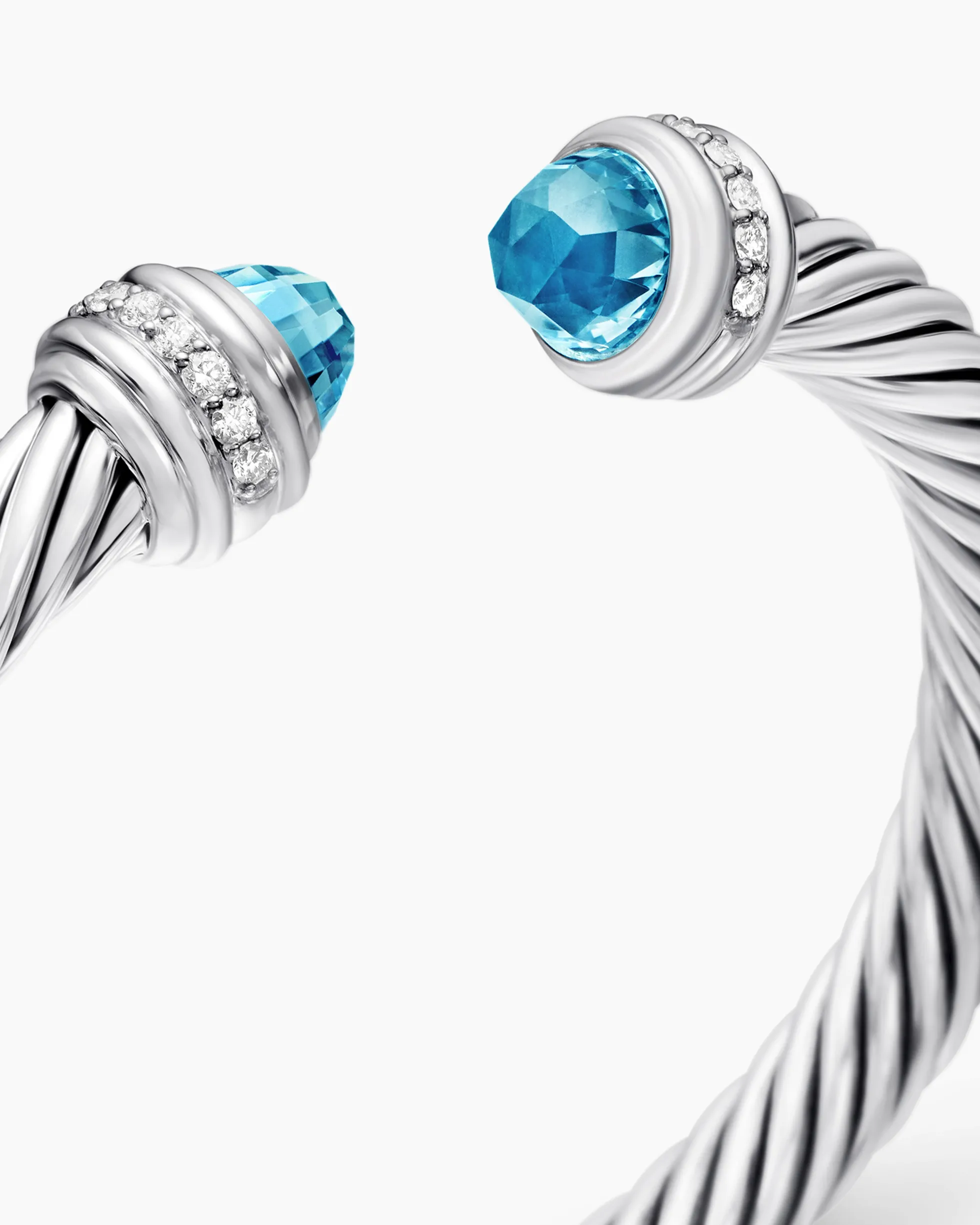 Classic Cable Bracelet Sterling Silver with Blue Topaz and Diamonds, 7mm