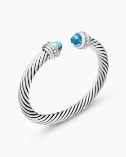 Classic Cable Bracelet Sterling Silver with Blue Topaz and Diamonds, 7mm