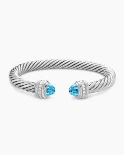 Classic Cable Bracelet Sterling Silver with Blue Topaz and Diamonds, 7mm