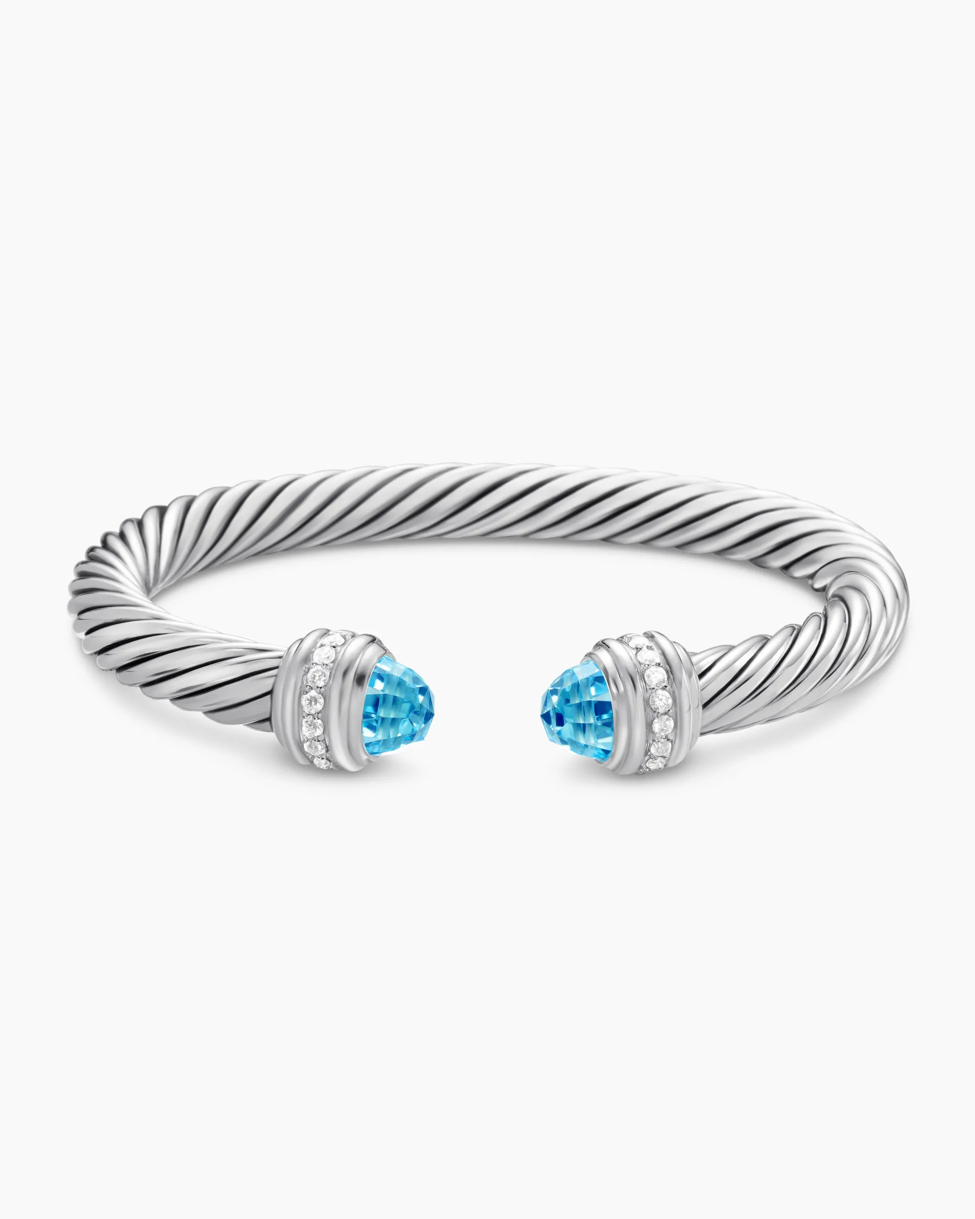 Classic Cable Bracelet Sterling Silver with Blue Topaz and Diamonds, 7mm