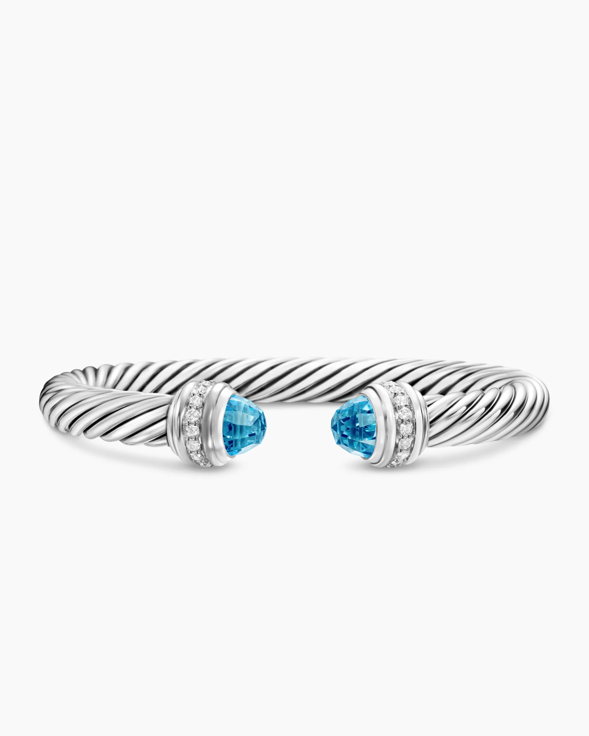 Classic Cable Bracelet Sterling Silver with Blue Topaz and Diamonds, 7mm