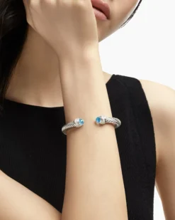 Classic Cable Bracelet Sterling Silver with Blue Topaz and Diamonds, 7mm