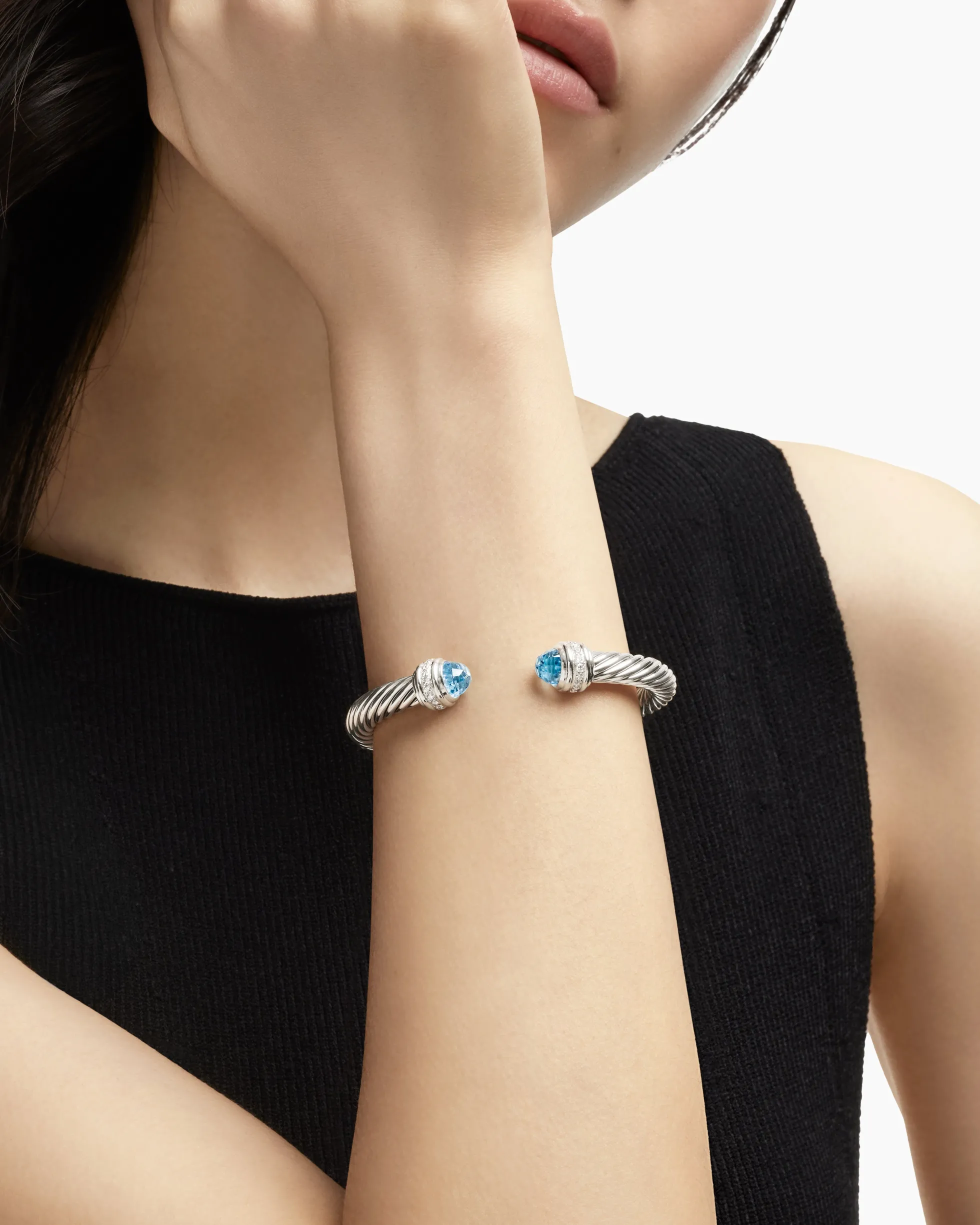 Classic Cable Bracelet Sterling Silver with Blue Topaz and Diamonds, 7mm