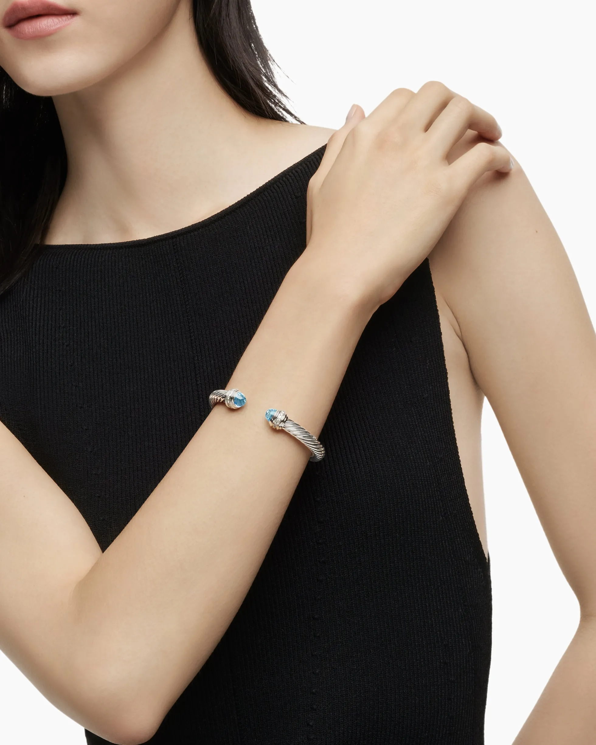 Classic Cable Bracelet Sterling Silver with Blue Topaz and Diamonds, 7mm