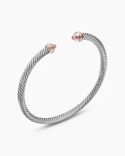 Classic Cable Bracelet Sterling Silver with 18K Rose Gold and Morganite, 4mm