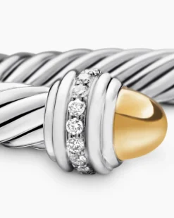 Classic Cable Bracelet Sterling Silver with 14K Yellow Gold Domes and Diamonds, 7mm
