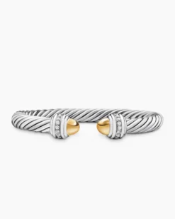Classic Cable Bracelet Sterling Silver with 14K Yellow Gold Domes and Diamonds, 7mm