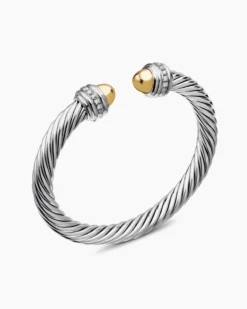Classic Cable Bracelet Sterling Silver with 14K Yellow Gold Domes and Diamonds, 7mm
