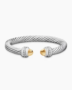 Classic Cable Bracelet Sterling Silver with 14K Yellow Gold Domes and Diamonds, 7mm