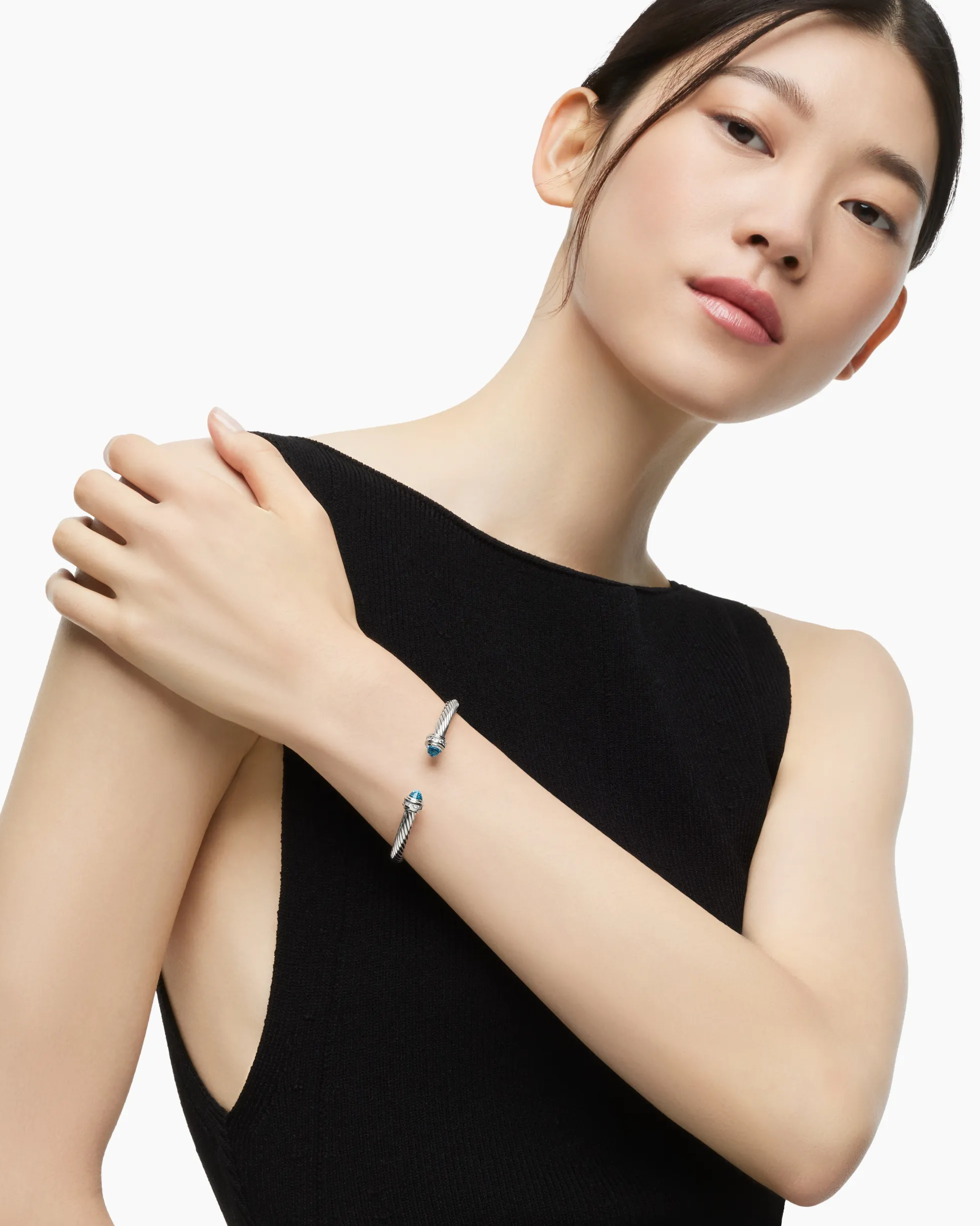 Classic Cable Bracelet Sterling Silver with Blue Topaz and Diamonds, 5mm