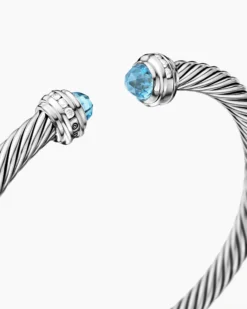 Classic Cable Bracelet Sterling Silver with Blue Topaz and Diamonds, 5mm