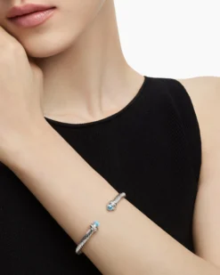 Classic Cable Bracelet Sterling Silver with Blue Topaz and Diamonds, 5mm