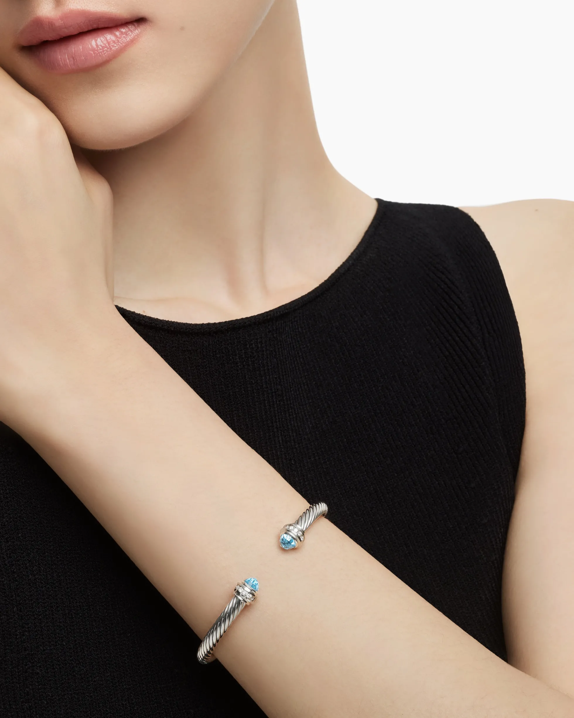 Classic Cable Bracelet Sterling Silver with Blue Topaz and Diamonds, 5mm