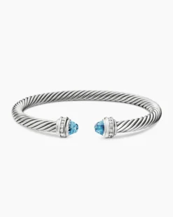 Classic Cable Bracelet Sterling Silver with Blue Topaz and Diamonds, 5mm