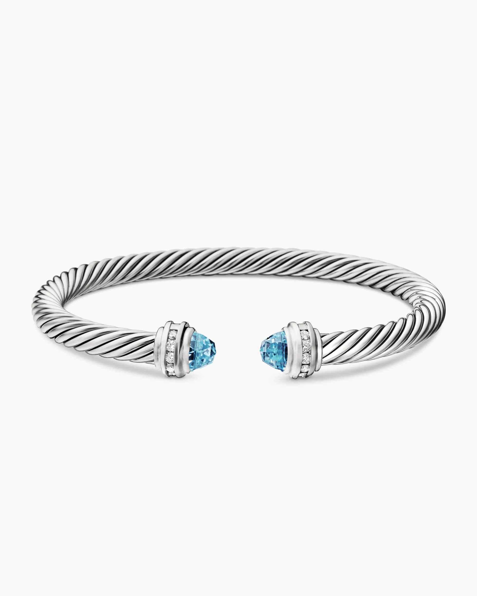 Classic Cable Bracelet Sterling Silver with Blue Topaz and Diamonds, 5mm