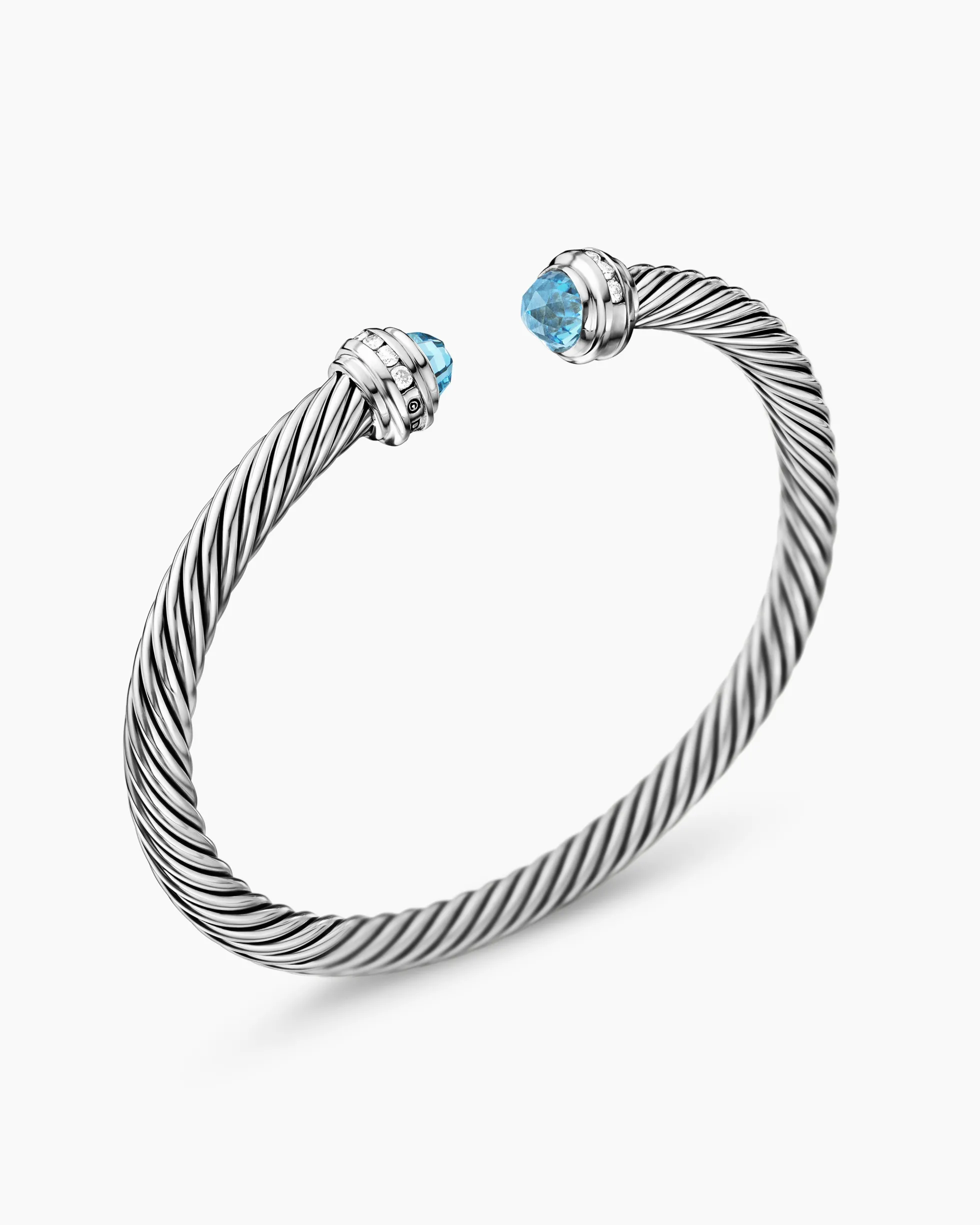 Classic Cable Bracelet Sterling Silver with Blue Topaz and Diamonds, 5mm