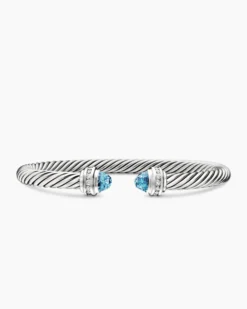 Classic Cable Bracelet Sterling Silver with Blue Topaz and Diamonds, 5mm