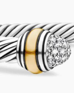 Classic Cable Bracelet Sterling Silver with 14K Yellow Gold and Pavé Diamond Domes, 5mm