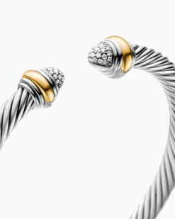 Classic Cable Bracelet Sterling Silver with 14K Yellow Gold and Pavé Diamond Domes, 5mm