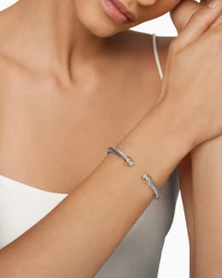 Classic Cable Bracelet Sterling Silver with 14K Yellow Gold and Pavé Diamond Domes, 5mm