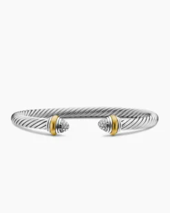 Classic Cable Bracelet Sterling Silver with 14K Yellow Gold and Pavé Diamond Domes, 5mm