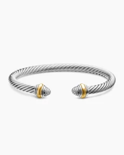 Classic Cable Bracelet Sterling Silver with 14K Yellow Gold and Pavé Diamond Domes, 5mm