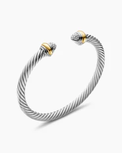 Classic Cable Bracelet Sterling Silver with 14K Yellow Gold and Pavé Diamond Domes, 5mm