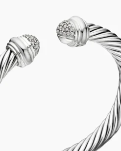 Classic Cable Bracelet Sterling Silver with Pavé Diamond Domes, 7mm
