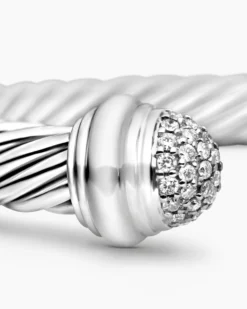 Classic Cable Bracelet Sterling Silver with Pavé Diamond Domes, 7mm