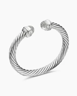Classic Cable Bracelet Sterling Silver with Pavé Diamond Domes, 7mm